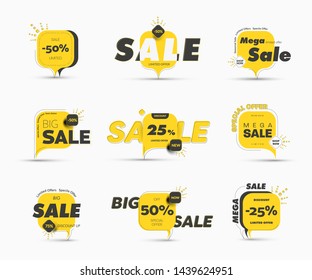 Design of square vector banner with rounded corners on the leg for mega big sales and seasonal discounts. Yellow tag templates with percentages and special offers for purchase, strokes and elements.