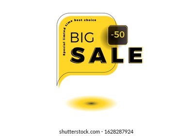 Design of square vector banner with rounded corners on the leg for mega big sales. Yellow tag templates with special offers for purchase, strokes and elements.