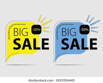 Design of square vector banner with rounded corners on the leg for mega big sales. Yellow, blue tag templates with special offers for purchase, strokes and elements.
