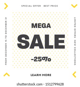 Design square vector banner for social media with abstract pattern. Special offer. Template with a yellow arrow and a 25% discount.