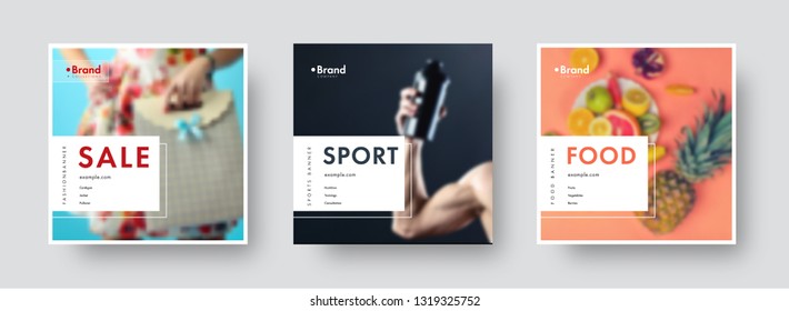 Design of square vector banners for social networks with white frame and place for photo and text. Universal templates for sports, sales, food. Set