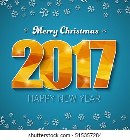 Design square web banner  Merry Christmas and Happy New Year. Template with a blue background and gold abstract polygonal figures in 2017 and snowflakes. Vector illustration.