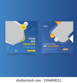 Design square web banners for social media with place for photo, diagonal transparent color elements. Square templates for publications and advertising.