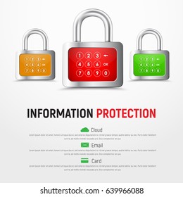 Design a square white web banner with padlocks with PIN code to protect information. Vector illustration