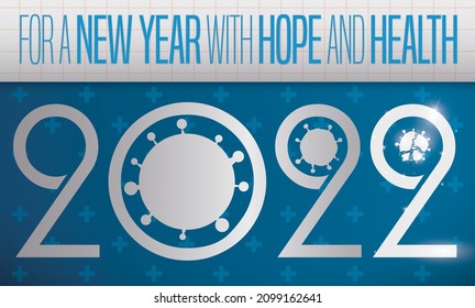 Design mit geteilte Papier und Sensibilisierungsbotschaft für das kommende Jahr 2022, mit Gesundheit und hofft auf COVID-19 Immunität und Coronavirus' Ausrottung.