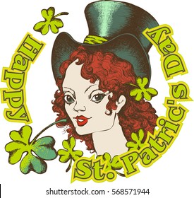Design for st. Patrick's Day with lovely girl in green dress. Vector illustration. Engraved style
