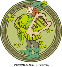 Design for st. Patrick's Day with minstrel. Vector illustration. Engraved style