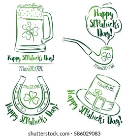 Design  for  St Patricks Day, shamrock, horseshoe, beer mug, pipe, hat, vector