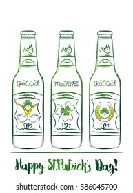 Design  for  St Patricks Day with three beer bottle with labels of shamrock, horseshoe 
and pipe, vector illustration