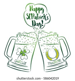 Design  for  St Patricks Day with two beer mugs with labels of shamrock and horseshoe, vector illustration