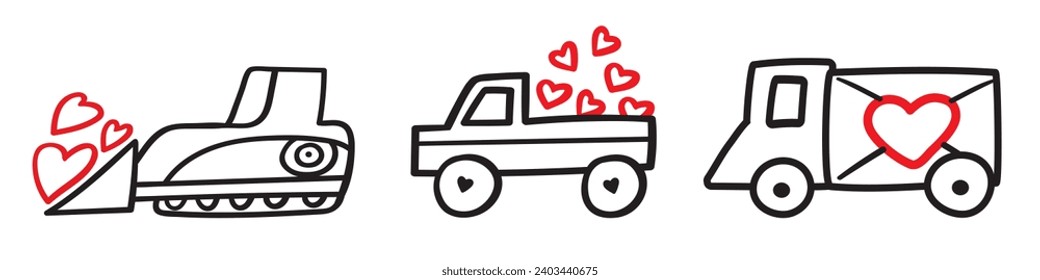 Design for St. Valentine's day. Tractor, trucks with red hearts. Outline design. Hand drawn vector illustration on white background.