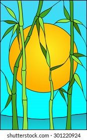 The design of stained glass with bamboo and sun.
