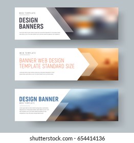 Design of standard horizontal web banners with space for photo and text. A template with an arrow and transparent elements. Vector illustration. Set