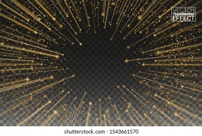 Design of star burst explosion frame on transparent background. Light and stripes moving fast over dark background with ray sparkles. Hyperspace warp jump. Vector effect