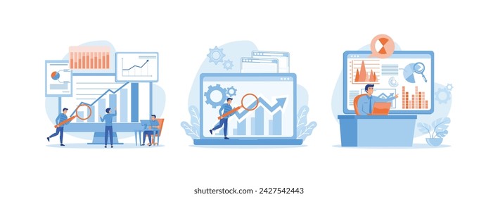 Diseño estadístico y análisis de datos para la inversión financiera de negocios, Análisis de datos para la inversión financiera de negocios, Negocio impulsado por datos. Conjunto de analista de datos vector plano ilustración moderna