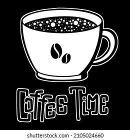 Design sticker illustration. Coffee time. Vector, cartoon style. Black and white image. Coffee mug, lettering.