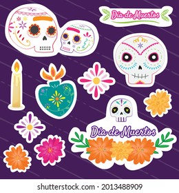 Design stickers Day of the Dead with sugar skulls. Day of the dead vector labels. Mexican celebration with skulls, candles, hearts and flowers. Day of the Dead stickers and miraculous heart. 