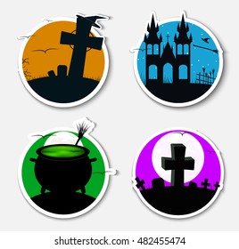 Design stickers (icons) on Halloween. Templates cemetery, castle and pot potion, crosses and tombs, brooms and witches caps. Set