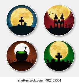 Design stickers (icons) on Halloween. Templates with orange, green and blue night sky and the moon, the cemetery, the castle and the bowler with the potion, witches brooms and hubcaps. Set