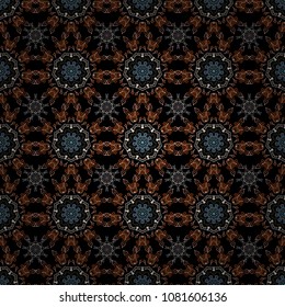 Design. Stock vector illustration falling snow. Snowflakes, snowfall in brown, blue and white colors on a black background.