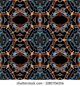 Design. Stock vector illustration falling snow. Snowflakes, snowfall in blue and orange colors on a black background.