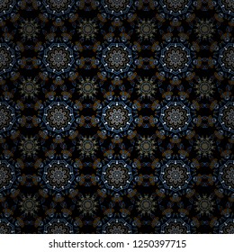 Design. Stock vector illustration falling snow. Snowflakes, snowfall in brown, blue and yellow colors on a black background.