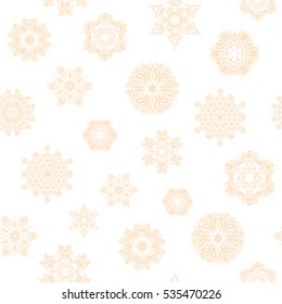 Design. Stock vector illustration falling snow. Snowflakes, snowfall in beige colors on a white background.