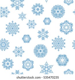 Design. Stock vector illustration falling snow. Snowflakes, snowfall in blue colors on a white background.