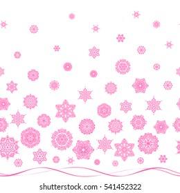 Design. Stock vector illustration falling snow. Snowflakes, snowfall in pink colors on a white background.
