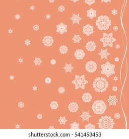 Design. Stock vector illustration falling snow. Snowflakes, snowfall, stylized snow on orange background.
