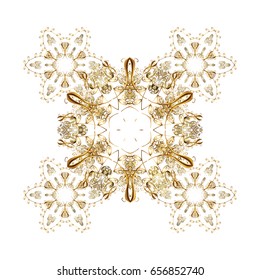 Design. Stock vector illustration falling snow. Golden snowflakes, snowfall, stylized snow on white background.