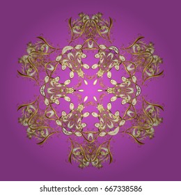 Design. Stock vector illustration falling snow. Golden snowflakes, snowfall, stylized snow on pink background.