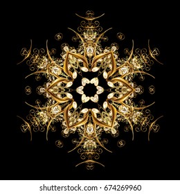 Design. Stock vector illustration falling snow. Golden snowflakes, snowfall, stylized snow on black background.