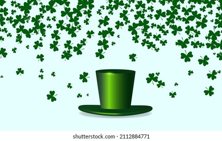 Design for St.Patrick's day.  Leprechaun green top hat and clover leaves background. Green hat and shamrocks as Saint Patricks Day symbols