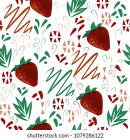 Design with strawberry image, red and green colors. Seamless texture.