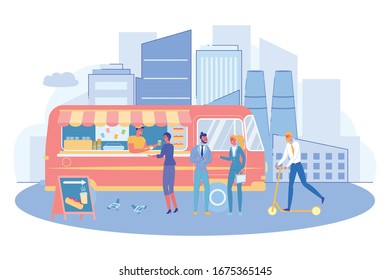 Design Street Cafe for Downtown Business, Slide. Guy Trades Hot Drinks and Fast Food from Bus, which Stands in Business District City. Employees Buy Food on Street During Lunch Break.