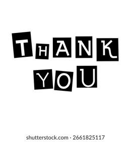 design a striking typographic composition spelling out “THANK YOU,” with each letter housed in its own black rectangular block.