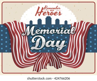 Design with stripped ribbons and star patterns like United States of America flag and gravestones for Memorial Day.