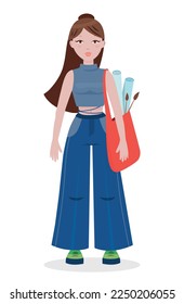 Design student and artist with red bag and rolls of drawing paper in jeans and short top. Illustration on a white background. Suitable for higher and secondary education, school, courses, teaching peo