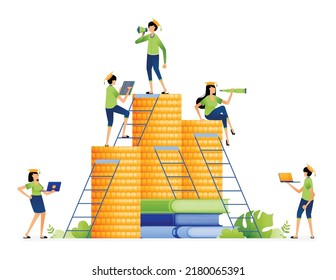 Design of students climb ladder of achievement to reach top of the money pile. scholarships and tuition fees support. Illustration for landing page website poster banner mobile apps web brochure ads