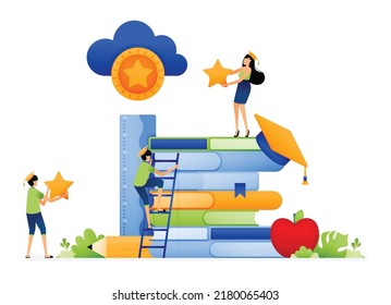 Design of students race up ladder of achievement for educational scholarships and tries to catch dream stars. Illustration for landing page website poster mobile apps web social media brochure ads etc