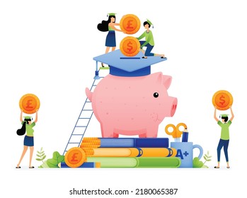 Design of students save in piggy bank raising money for university tuition fees. financial planning in college. Illustration for landing page website poster banner mobile apps web social media ads etc