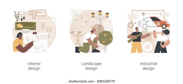 Design studio abstract concept vector illustration set. Interior and industrial design, landscape planning, decor ideas and tips, rooftop garden, product usability, architecture abstract metaphor.