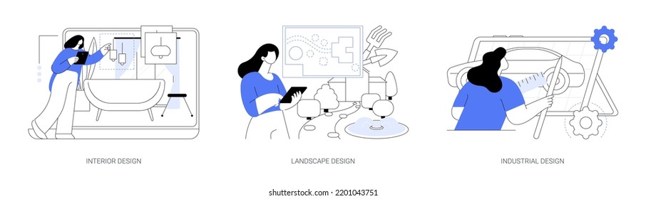 Design studio abstract concept vector illustration set. Interior and industrial design, landscape planning, decor ideas and tips, rooftop garden, product usability, architecture abstract metaphor.