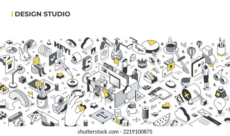 Design studio or agency concept. Creative team of designers at work. Creative office environment, project visualizations, website and graphic design. Isometric illustration