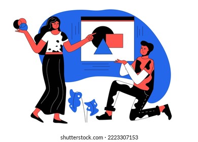 Design studio blue concept with people scene in the flat cartoon style. One of employee presents new design for creative director. Vector illustration.