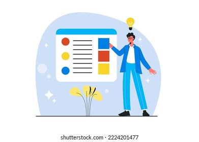 Design studio blue concept with people scene in the flat cartoon style. Employee thinks about the concept of creating new projects. Vector illustration.