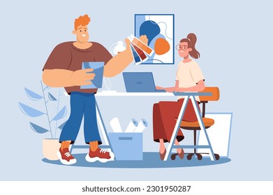 Design studio blue concept with people scene in the flat cartoon style. Designers work in the studio and choose colors for new projects. Vector illustration.