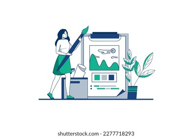Design studio blue outline concept with people scene in the flat cartoon style. Girl creates pictures with her own design. Vector illustration.
