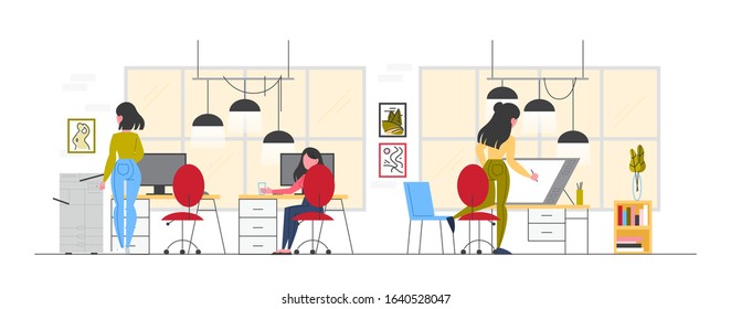 Design studio building interior. Office workplace for interior, industrial, graphic designer. Business area, creative elements and equipment. Vector flat illustration